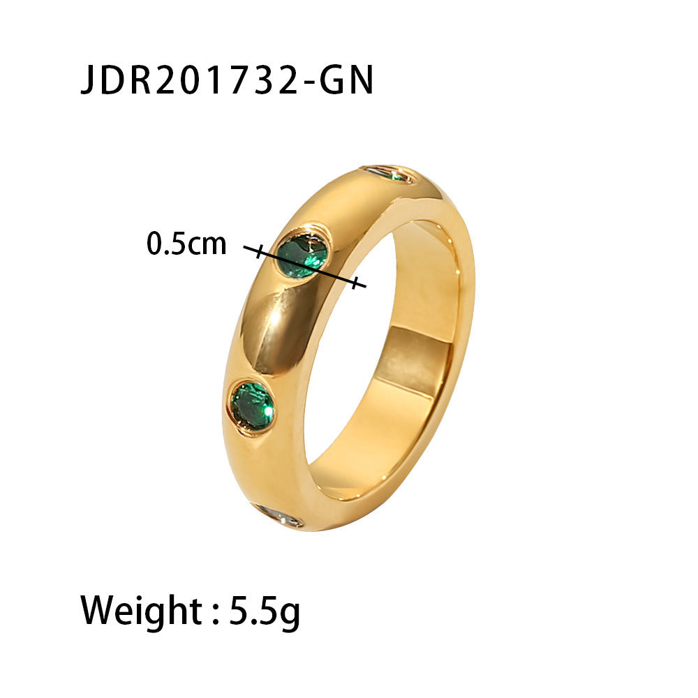 18K Stainless Steel Gold Plated Green Zircon Ring