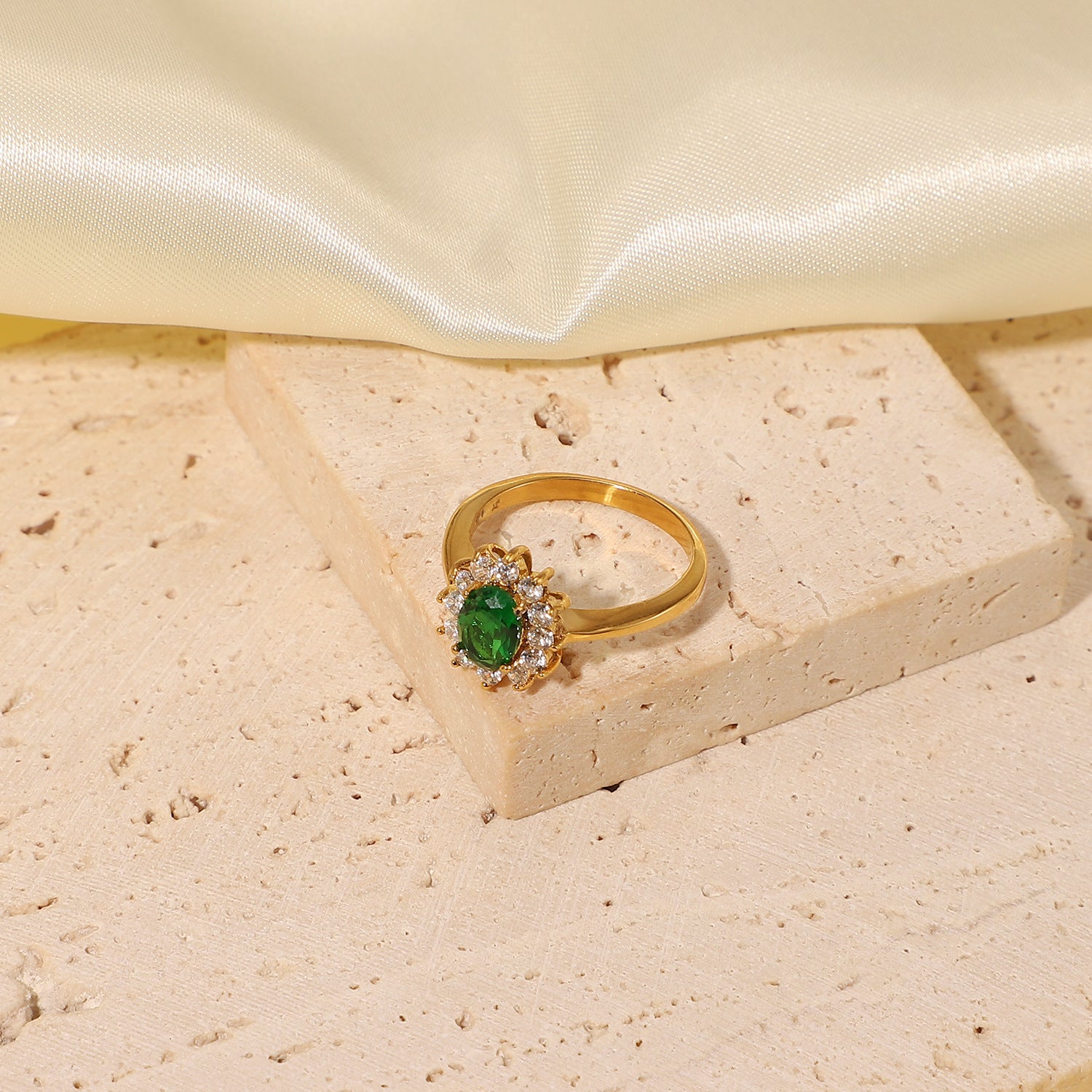 18K Stainless Steel Gold Plated Green Zircon Ring