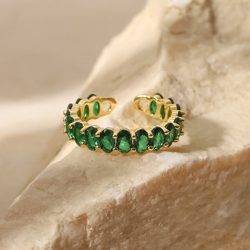 18K Stainless Steel Gold Plated Green Zircon Ring