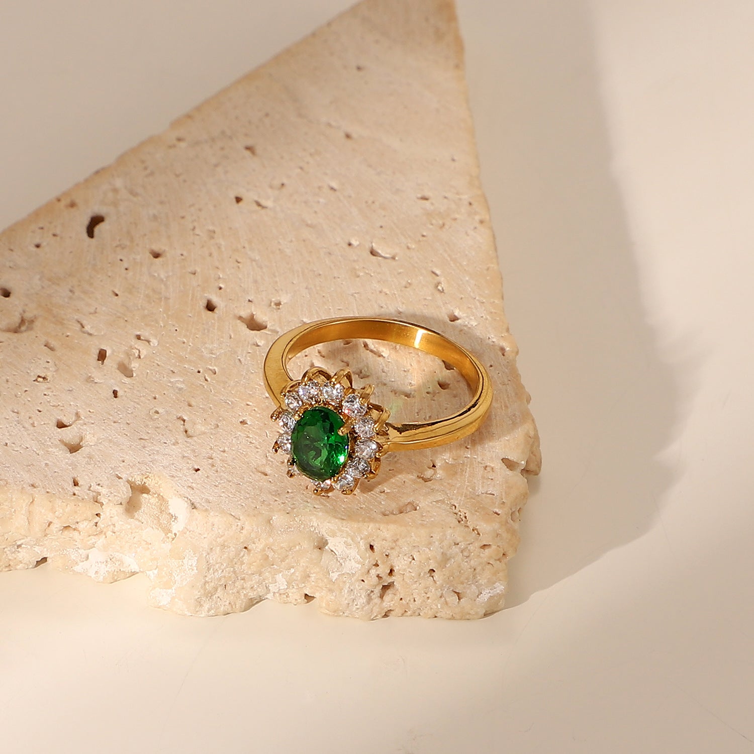 18K Stainless Steel Gold Plated Green Zircon Ring