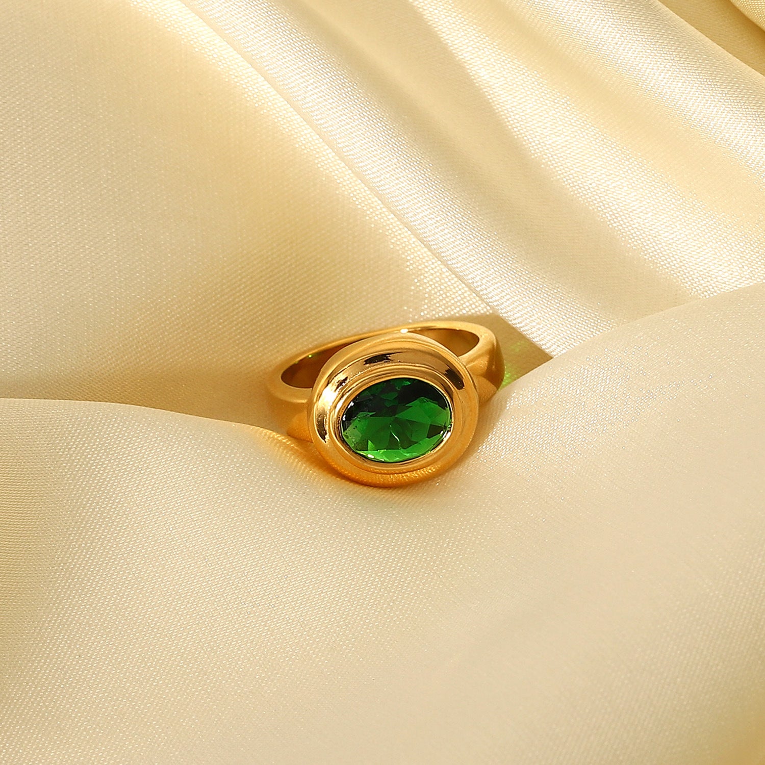 18K Stainless Steel Gold Plated Green Zircon Ring