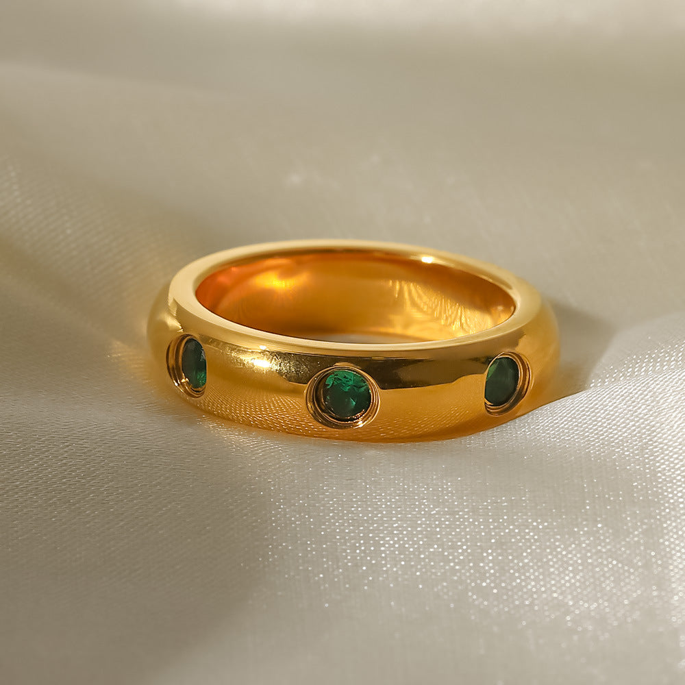 18K Stainless Steel Gold Plated Green Zircon Ring