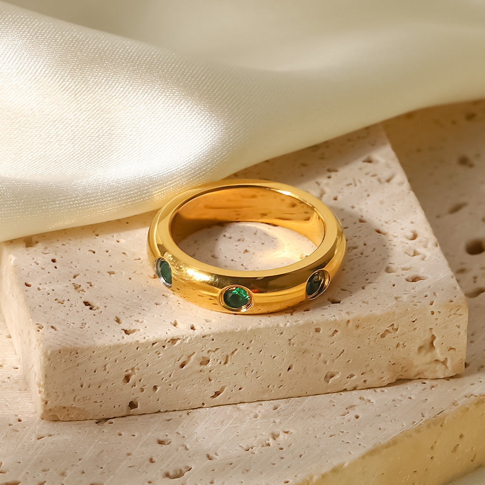 18K Stainless Steel Gold Plated Green Zircon Ring